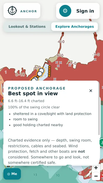 Anchor app proposing the best anchorage in view, with charted depth and swing room