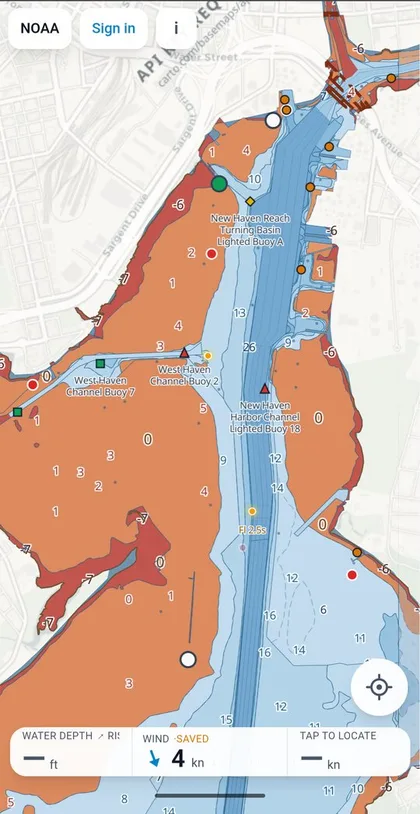 Chart app showing charted water depths, channel buoys and wind speed in New Haven Harbor