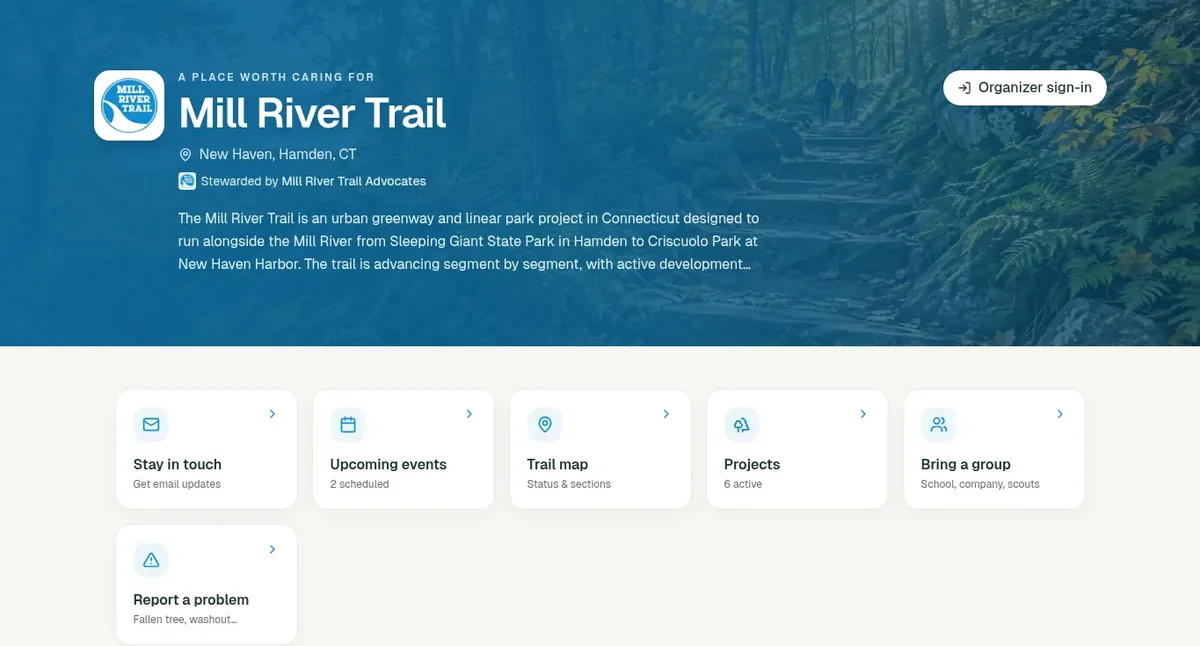 Trail Team public page for the Mill River Trail in New Haven and Hamden, with links to events, the trail map, projects and problem reports